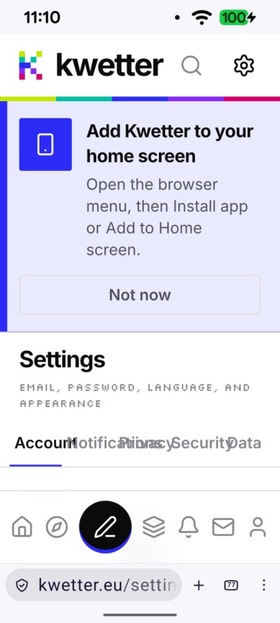 screenshot of kwetter settings as seen by Firefox on Android. many elements and text overlaps.