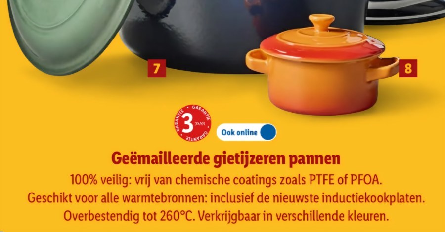 Advertentie voor pannen. "Overbestendig tot 260°C."
